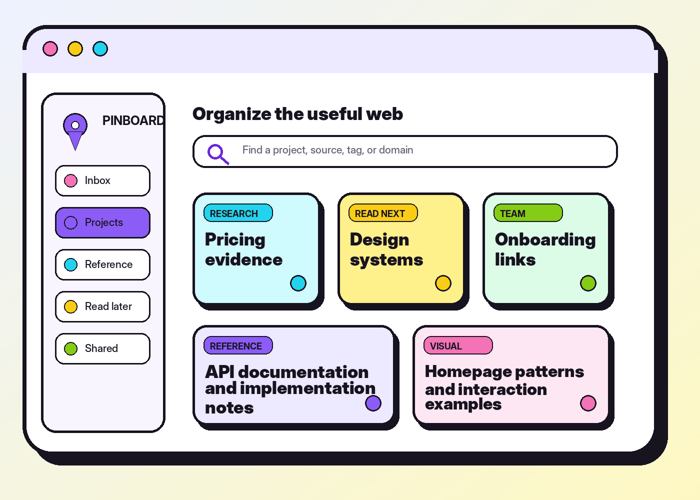 Illustrated PinBookmark dashboard organizing links into inbox, projects, reference, read later, and shared collections.